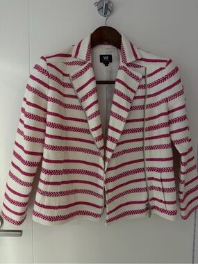 W by Worth Moto White & Pink Striped Jacket Biker Style Zipper Horizontal